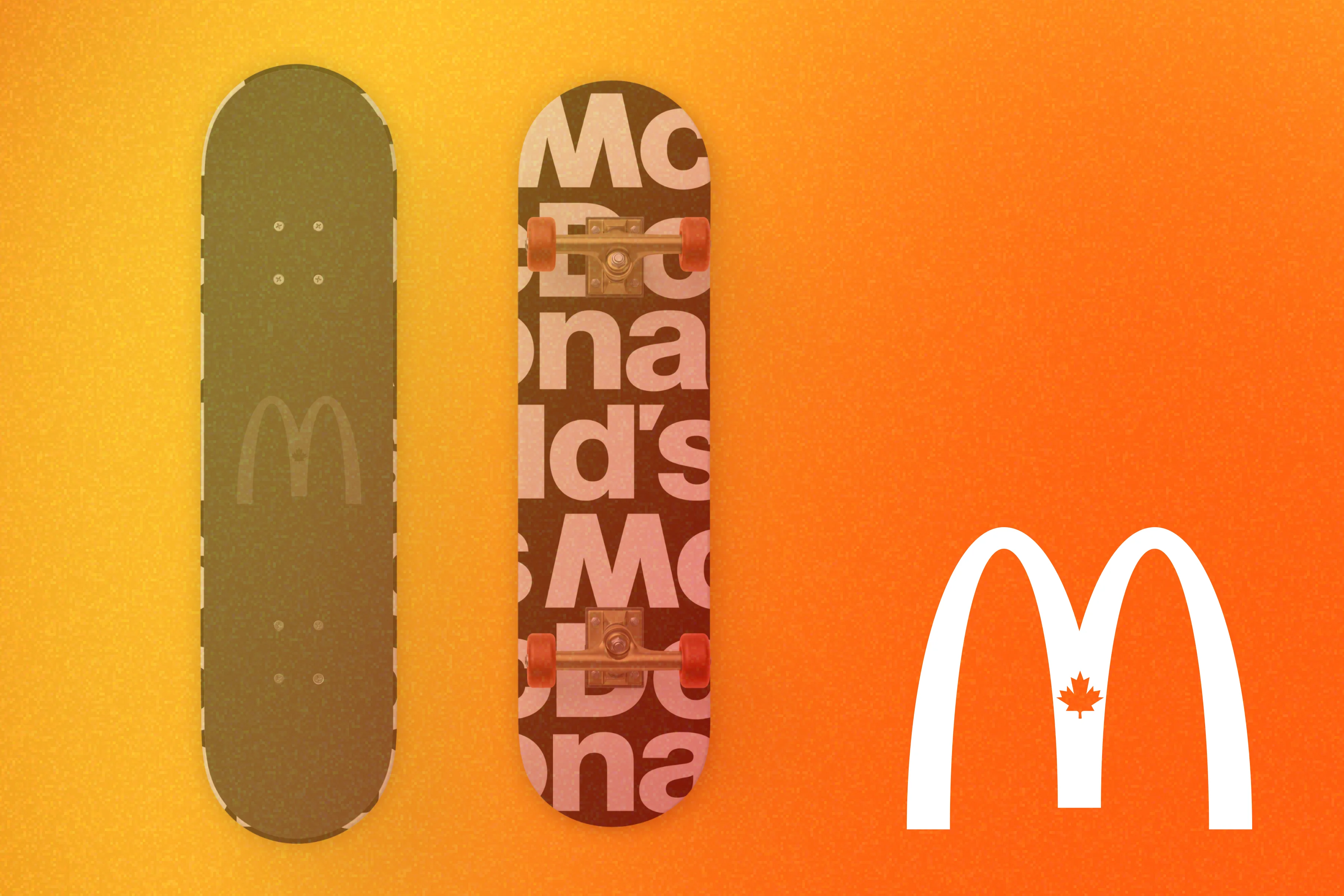 A McDonald's themed skateboard on an orange background, and a white McDonald's icon in the bottom corner.