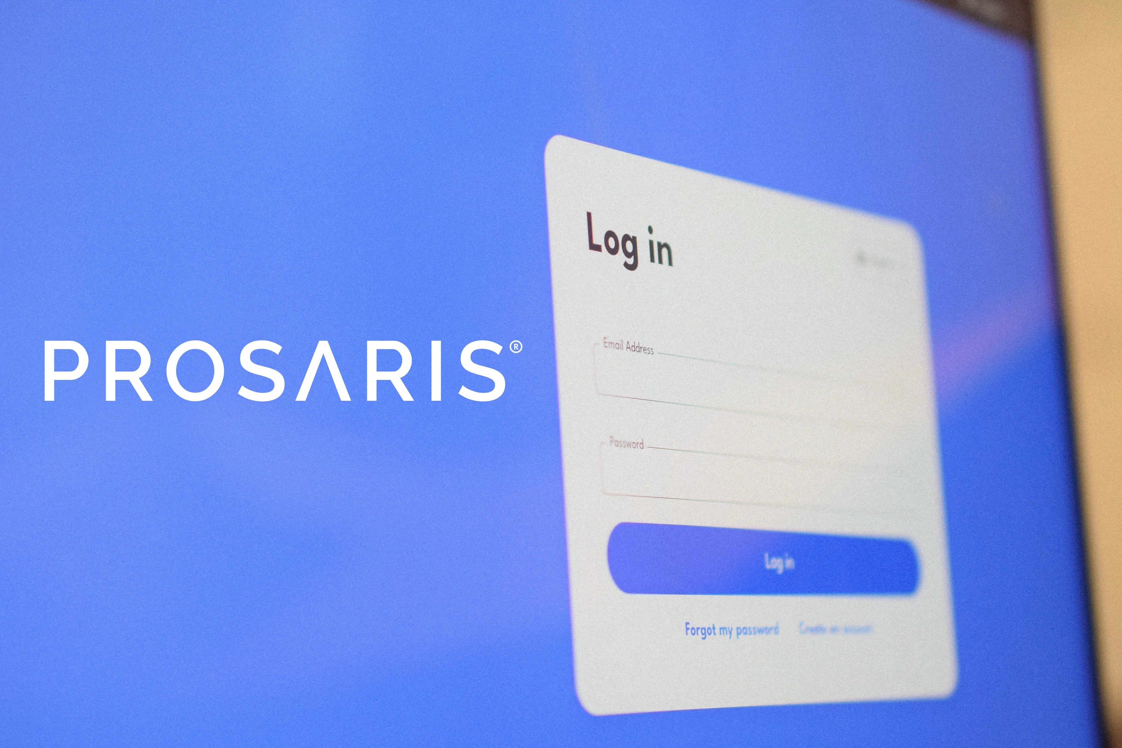 The "Log in" page of the PROSARIS website with the word "PROSARIS" written in white.
